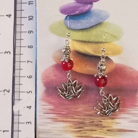 YOGA EARRINGS, Silvery BALI BEADS, RED Accents - Picture 6 of 8